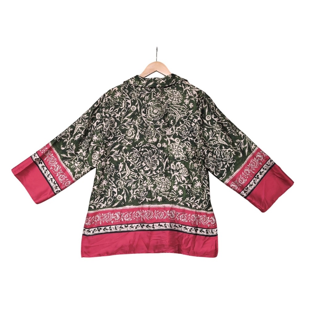 Zara Green Magenta Pink Floral Satin Oversized Button Down Blouse Medium - Picture 7 of 10